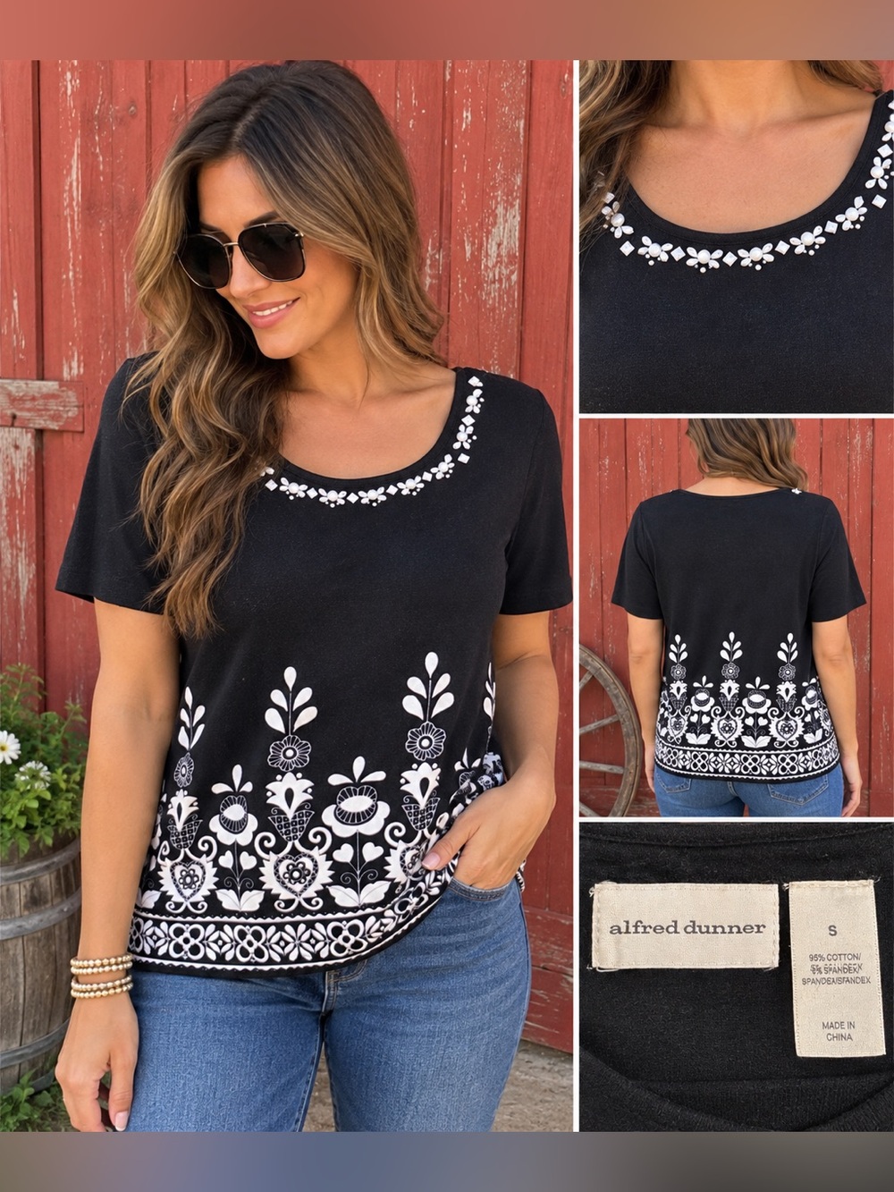 Alfred Dunner Black White Floral Border Embellished Neck Top Size S